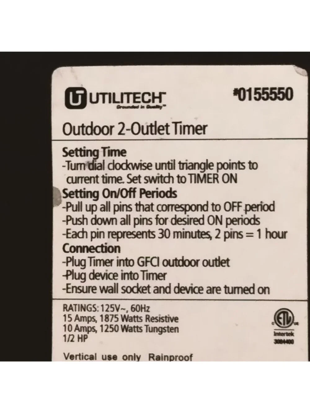 Outdoor 2 Outlet Timer 24 Hour Dial  Plug In Black Utilitech - Picture 6 of 10
